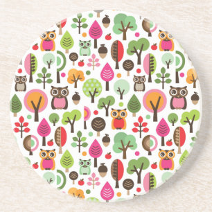 pink leaf tree retro owl pattern coaster