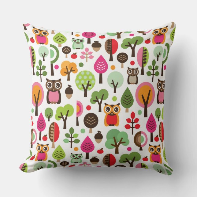 pink leaf tree retro owl pattern cushion (Front)