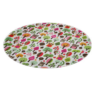 pink leaf tree retro owl pattern cutting board