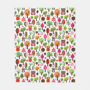 pink leaf tree retro owl pattern fleece blanket