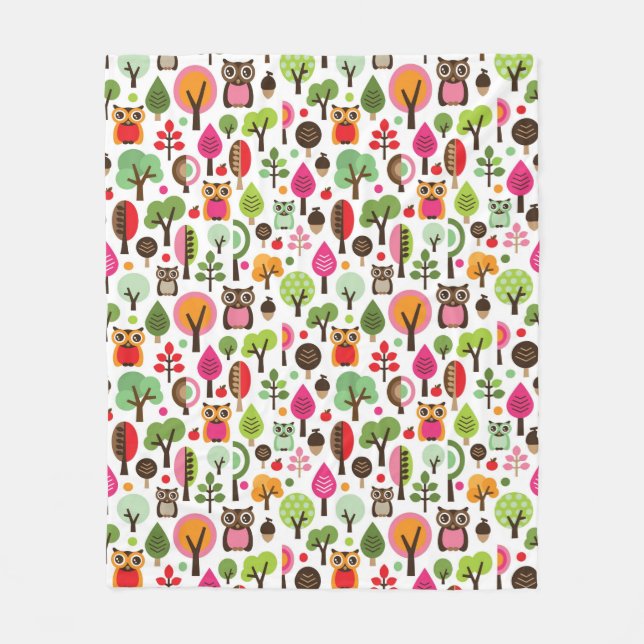 pink leaf tree retro owl pattern fleece blanket (Front)