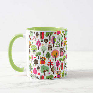 pink leaf tree retro owl pattern mug