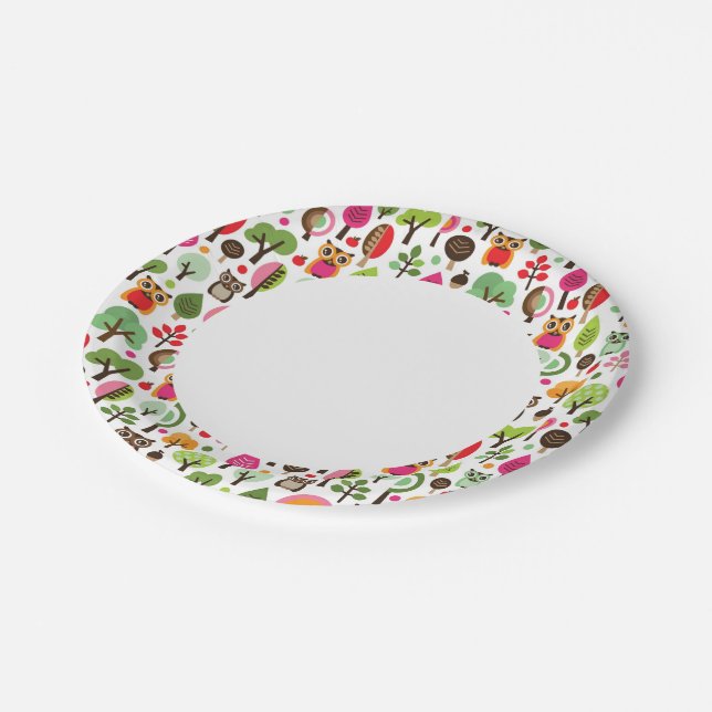 pink leaf tree retro owl pattern paper plate (Angled)