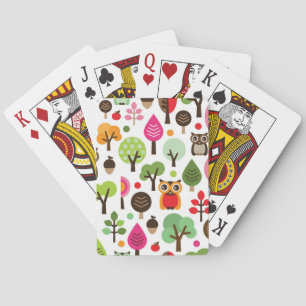 pink leaf tree retro owl pattern playing cards