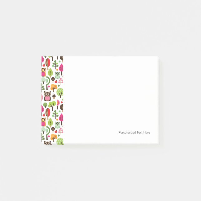 pink leaf tree retro owl pattern post-it notes (Front)