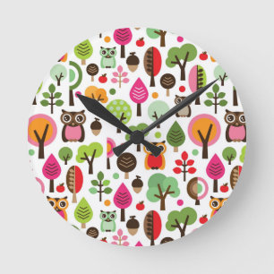 pink leaf tree retro owl pattern round clock