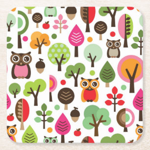 pink leaf tree retro owl pattern square paper coaster