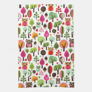 pink leaf tree retro owl pattern tea towel