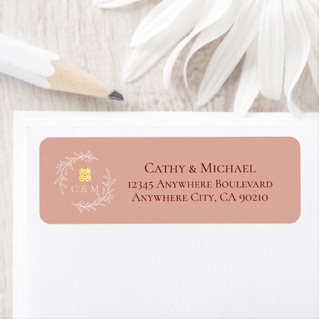 Pink leaf wreath Chinese wedding return address Label (Insitu)
