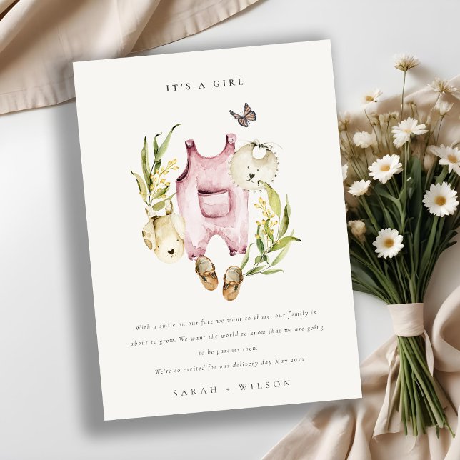 Pink Leafy Foliage Clothes Girl Baby Announcement (Creator Uploaded)