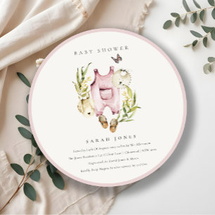 Pink Leafy Foliage Girl Clothes Baby Shower Invite