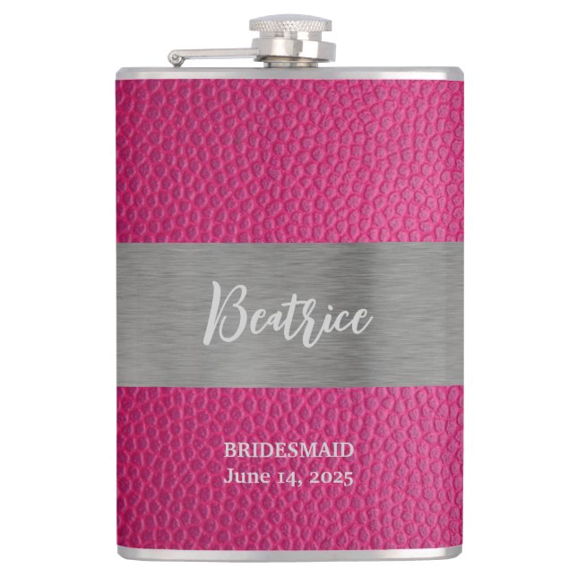 Pink Leather and Metal Print Monogrammed Flask (Front)