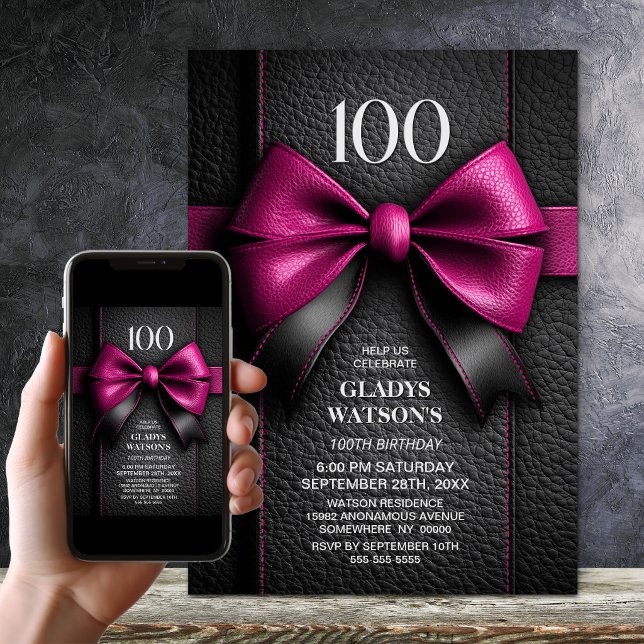Pink Leather Bow 100th Birthday Party Invitation (Creator Uploaded)