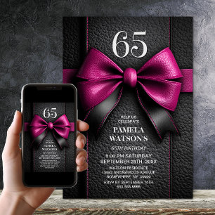 Pink Leather Bow 65th Birthday Party Invitation