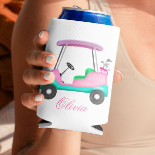 Pink Leather Elegant Golf Cart Name Can Cooler