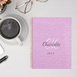 Pink leather monogram initials name 2025 planner<br><div class="desc">A pink faux leather photo as background and purple text. Personalise and add your first name,  monogram initials,  full name and a year.</div>