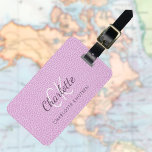 Pink leather monogram name luggage tag<br><div class="desc">Pink faux leather print as background. Personalise and add your first name,  monogram letters and full name on the front. Your contact information on the back.  Purple and white text.</div>