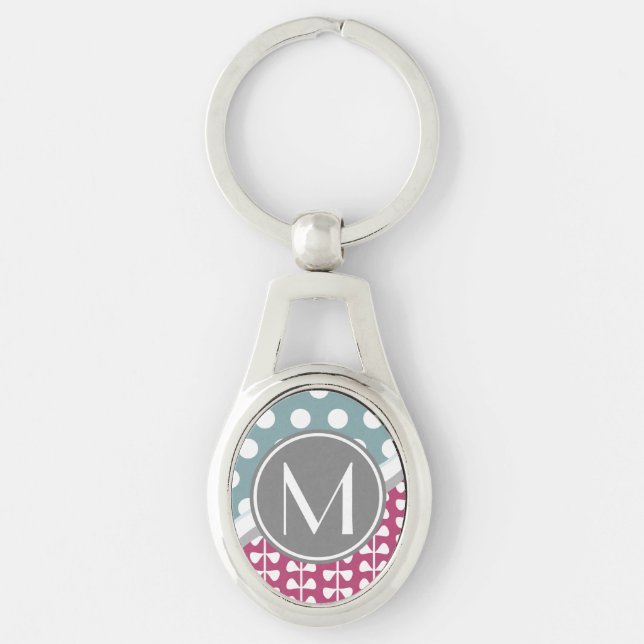 Pink Leaves Dots Custom Monogram Oval Keychain (Front)
