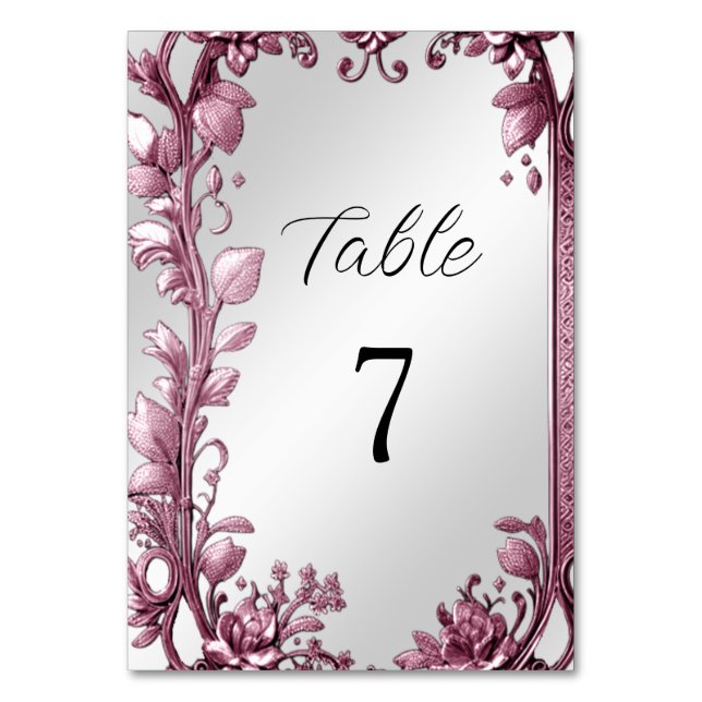 Pink Leaves Flourish Floral Table Number (Front)