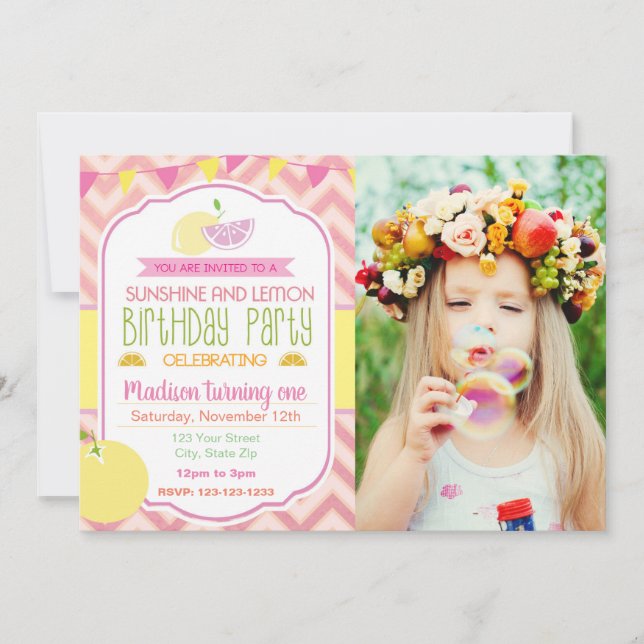 Pink Lemon Birthday Invitation with picture (Front)