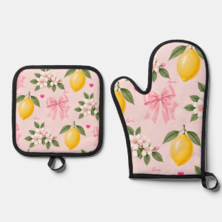 Pink Lemon Blossom Bow Cute Love Hearts Gift Oven Mitt & Pot Holder Set