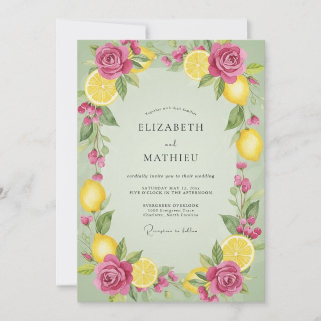 Pink Lemon Citrus Eucalyptus Wedding Invitation (Front)
