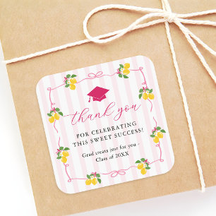 Pink Lemon Citrus Graduation Thank You Square Sticker