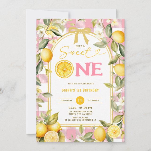 Pink Lemon Gingham Sweet One 1st Birthday Invitation (Front)