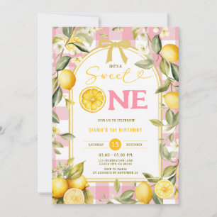 Pink Lemon Gingham Sweet One 1st Birthday Invitation