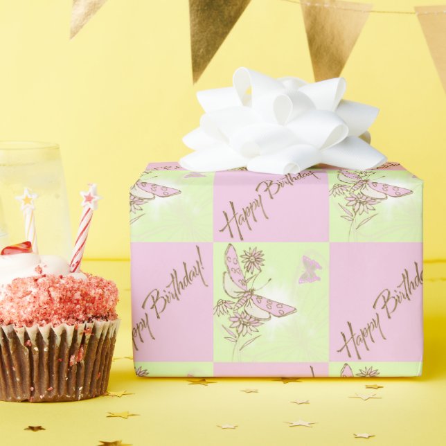 Pink Lemon Lime Butterfly Birthday Wrapping Paper (Birthday Party)