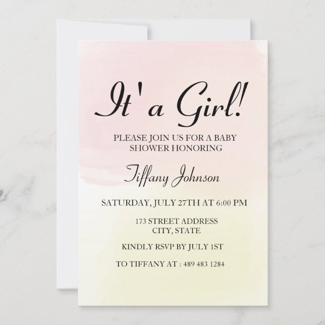Pink Lemon Pastel Ombre its A Girl Baby Shower Invitation (Front)