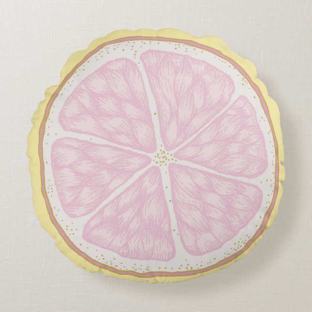 Pink Lemon Slice Round Throw Pillow (Front)