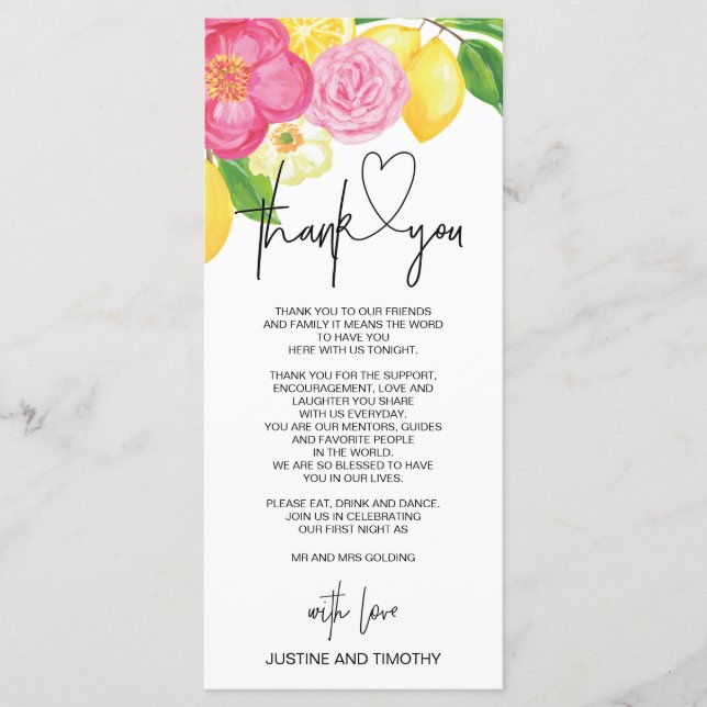 Pink Lemon Spring Wedding Thank You Table Setting Menu (Front)