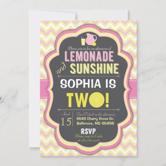 Pink Lemonade 2nd Birthday Chevron Invitation (Front)