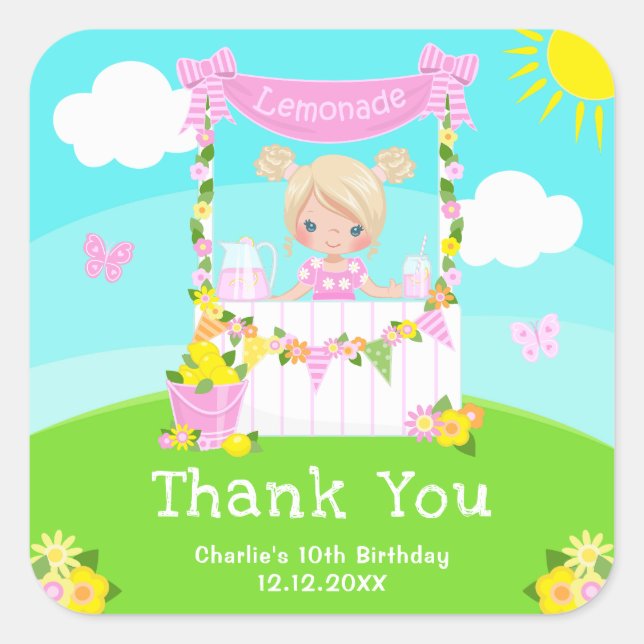 Pink Lemonade Blonde Hair Girl Birthday Thank You Square Sticker (Front)