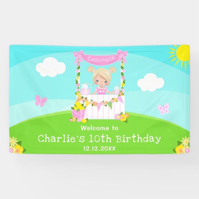 Pink Lemonade Blonde Hair Girl Birthday Welcome Banner (Horizontal)