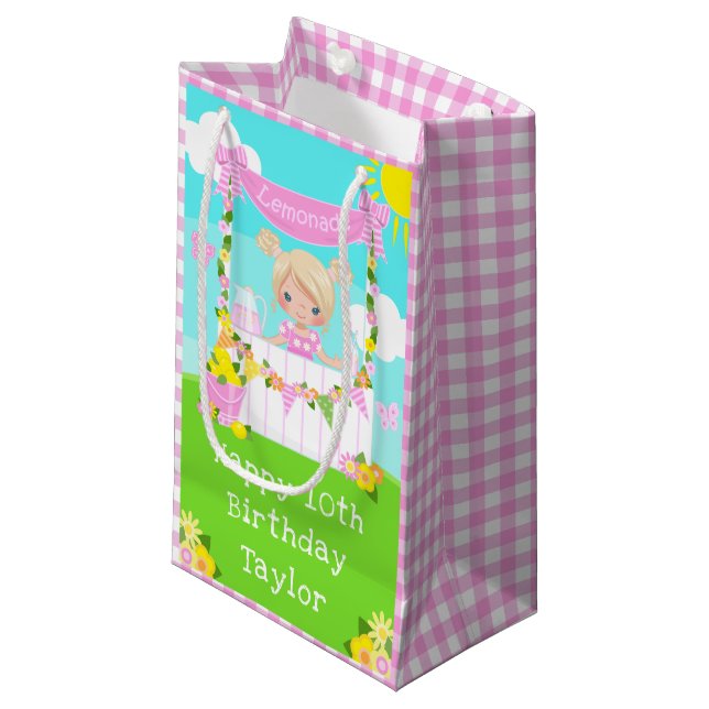 Pink Lemonade Blonde Hair Girl Happy Birthday Small Gift Bag (Front Angled)