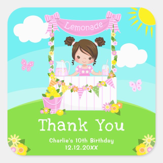 Pink Lemonade Brown Hair Girl Birthday Thank You Square Sticker (Front)