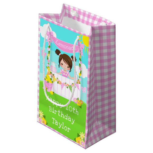 Pink Lemonade Brown Hair Girl Happy Birthday Small Gift Bag (Front Angled)
