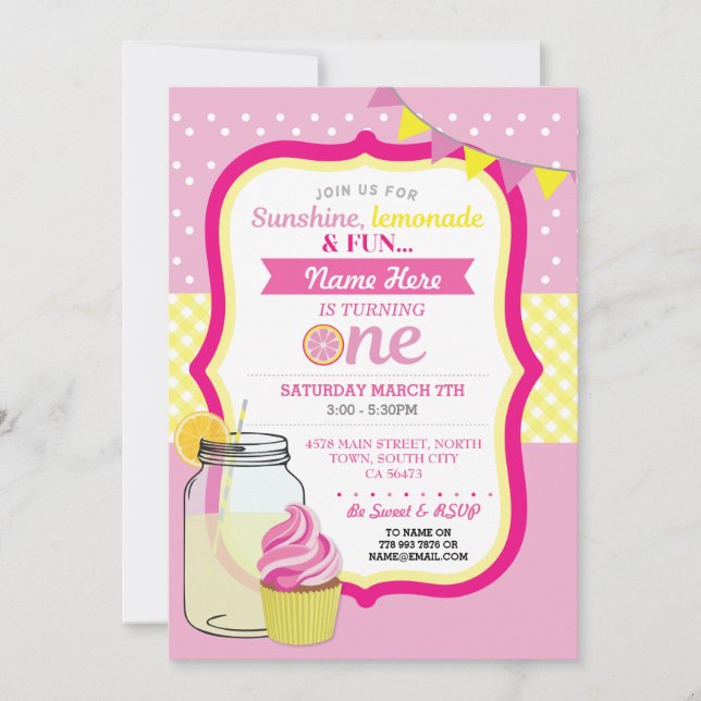 Pink Lemonade First 1st One Birthday Party Invite (Front)