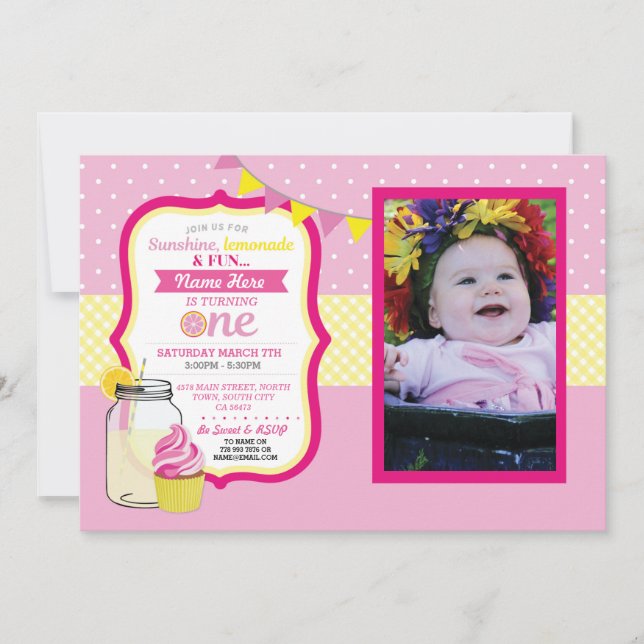 Pink Lemonade First 1st One Birthday Party Photo Invitation (Front)