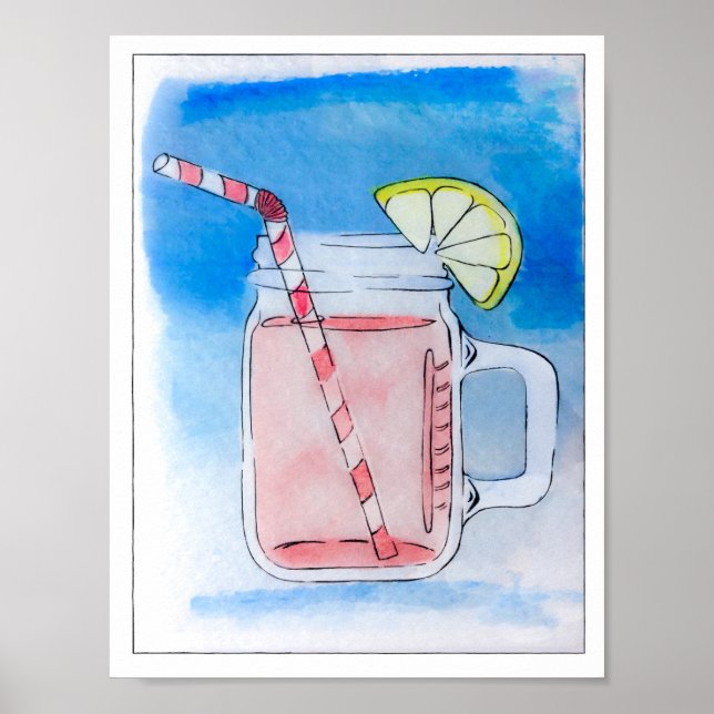 PInk Lemonade Mason Jar Watercolor Poster (Front)