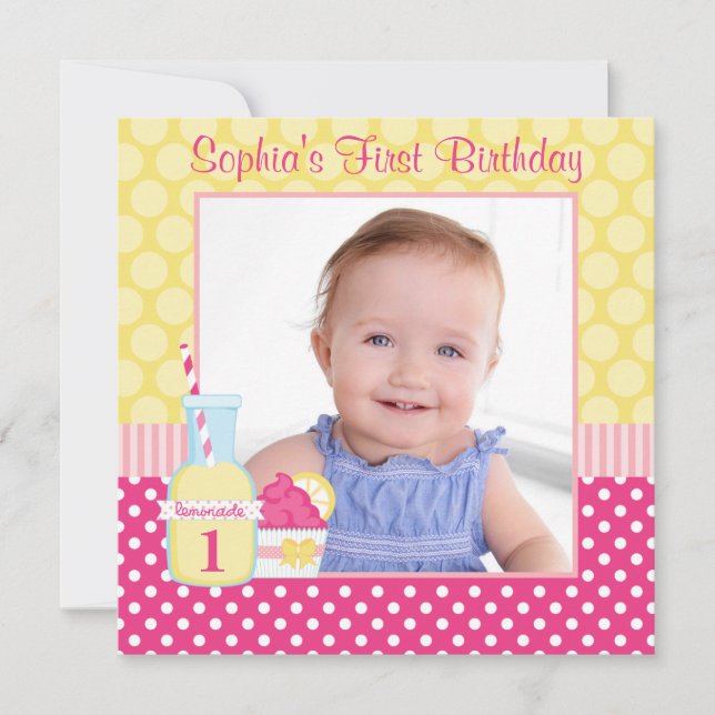 Pink Lemonade Polka Dot 1st Birthday Photo Invitation (Front)