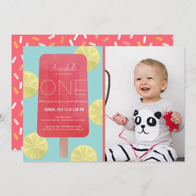 Pink Lemonade Popsicle Girl Photo 1st Birthday Invitation (Front/Back)