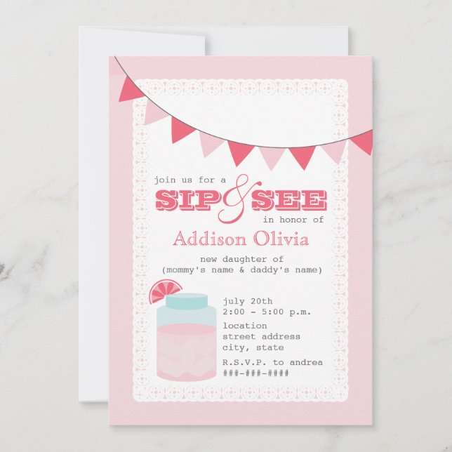 Pink Lemonade Sip & See Baby Girl Invitation (Front)