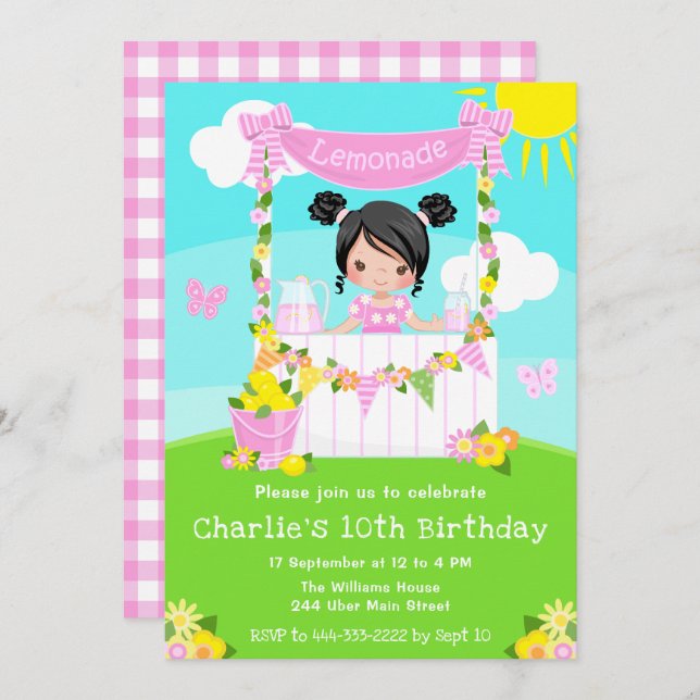 Pink Lemonade Stand Birthday Black Hair Girl Invitation (Front/Back)
