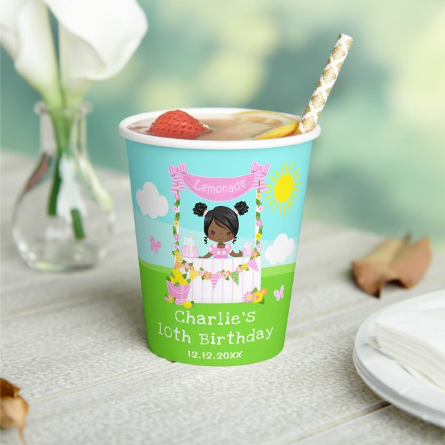 Pink Lemonade Stand Birthday Dark Skin Girl Paper Cups (Insitu)