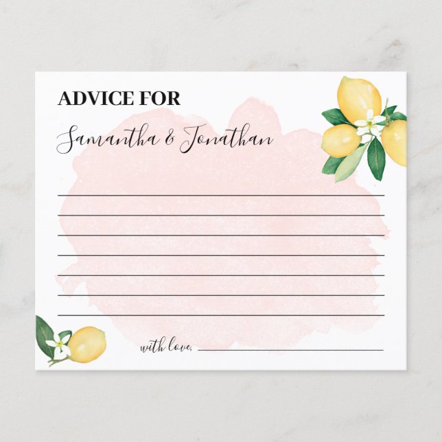 Pink Lemons Advice for Couples Shower Game Card (Front)