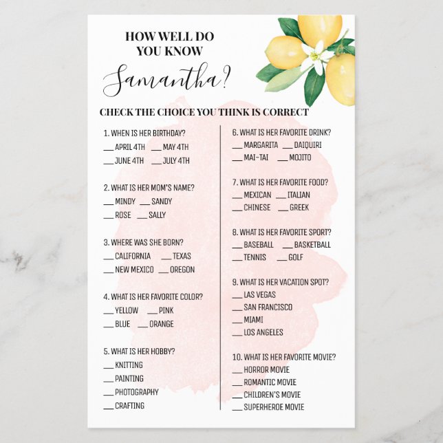Pink Lemons How well do you know Bride Game Card (Front)