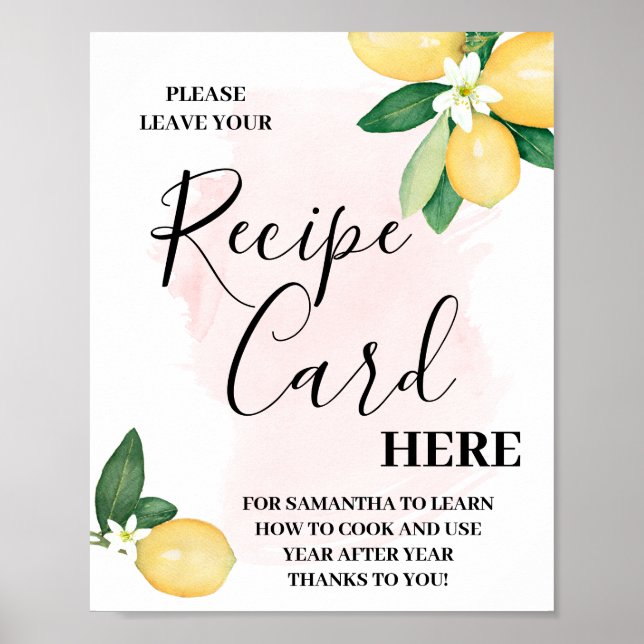 Pink Lemons Leave Recipe Card Here Shower Sign (Front)